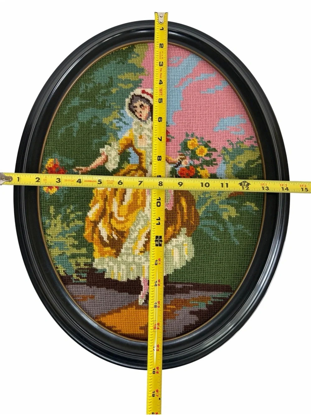 Victorian Woman Needlepoint Canvas Ball Gown Evening Dress Flowers Oval Vintage